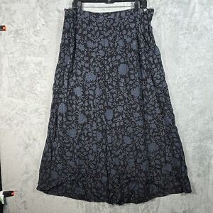 LL Bean Skirt Womens 16 Black/ Blue Floral‎ A Line Midi Cottagecore Prairiecore